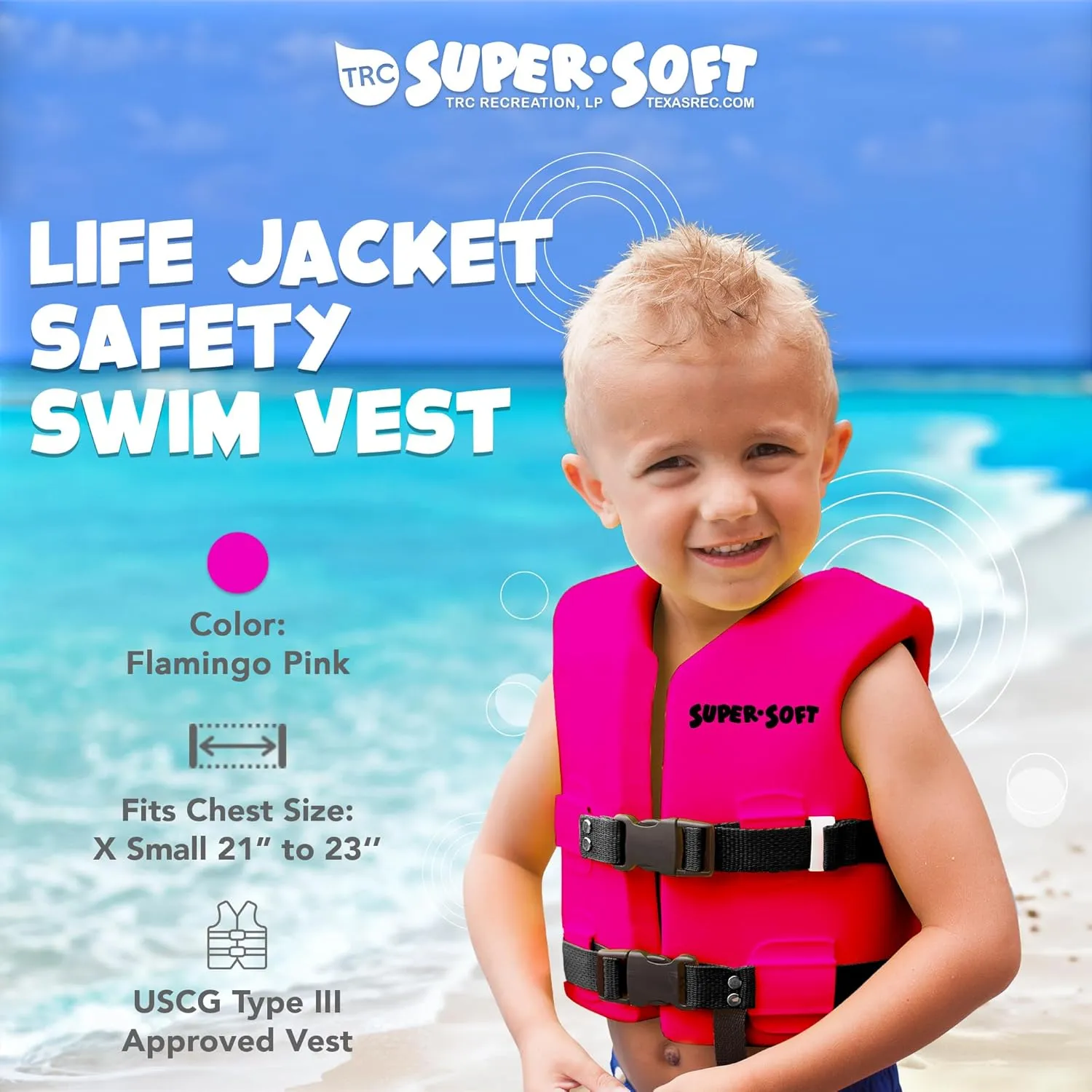 TRC Recreation Super Soft Child Size X Small Life Jacket USCG Approved Vinyl Coated Foam Swim Vest for Kids Swimming Pool and Beach Gear, Marina Blue
